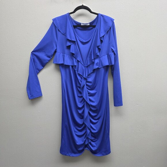 ANGVNS Dress Womens 2XL Blue Ruched Ruffle Long Sleeve Bodycon Cocktail Party - Picture 1 of 10